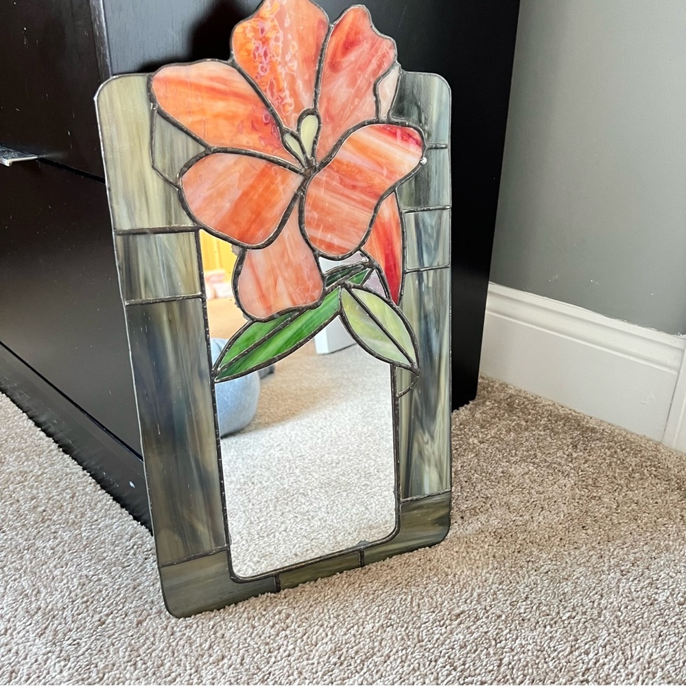 Handcrafted Stained Glass Floral Wall Mirror - Orange